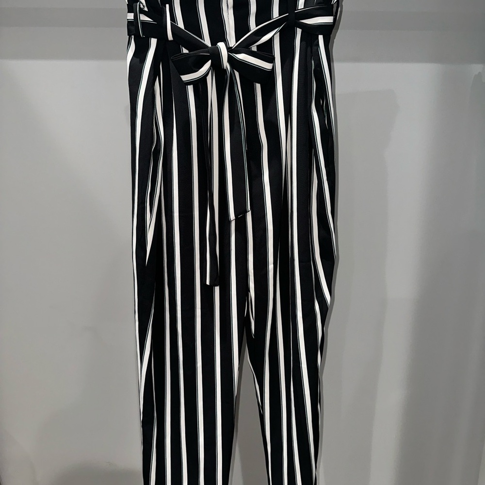 H&M Black, Green, and White Striped Wide-Leg Trousers
